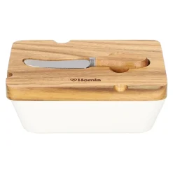 Outlet Maselniczka Mooka Porcelanowa Z Nozykiem I Akacjowa Pokrywka Biala 11X16 Cm Naczynia Ogródowe I Piknikowe